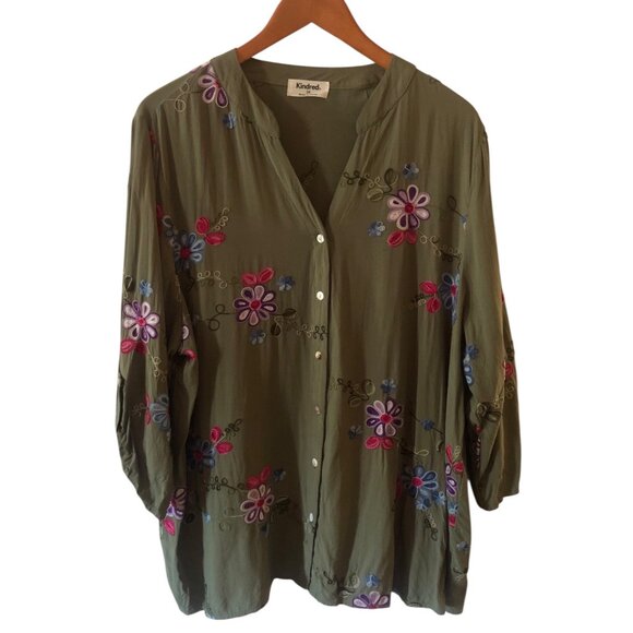 Women's Plus Size Kindred Olive Embroidered Peasant Blouse Top Size 2X - Picture 2 of 4